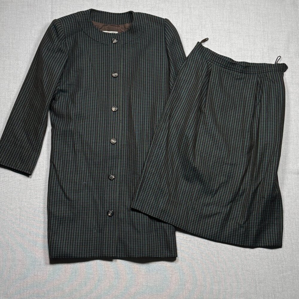 Vintage Saint Laurent Rive Gauche Wool Skirt Suit Set Houndstooth Size 40/42